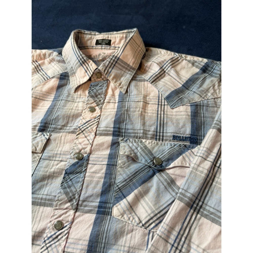 Bullhead Western Style Mens Large Blue Plaid Pearl Snap Long Sleeve Cotton Shirt